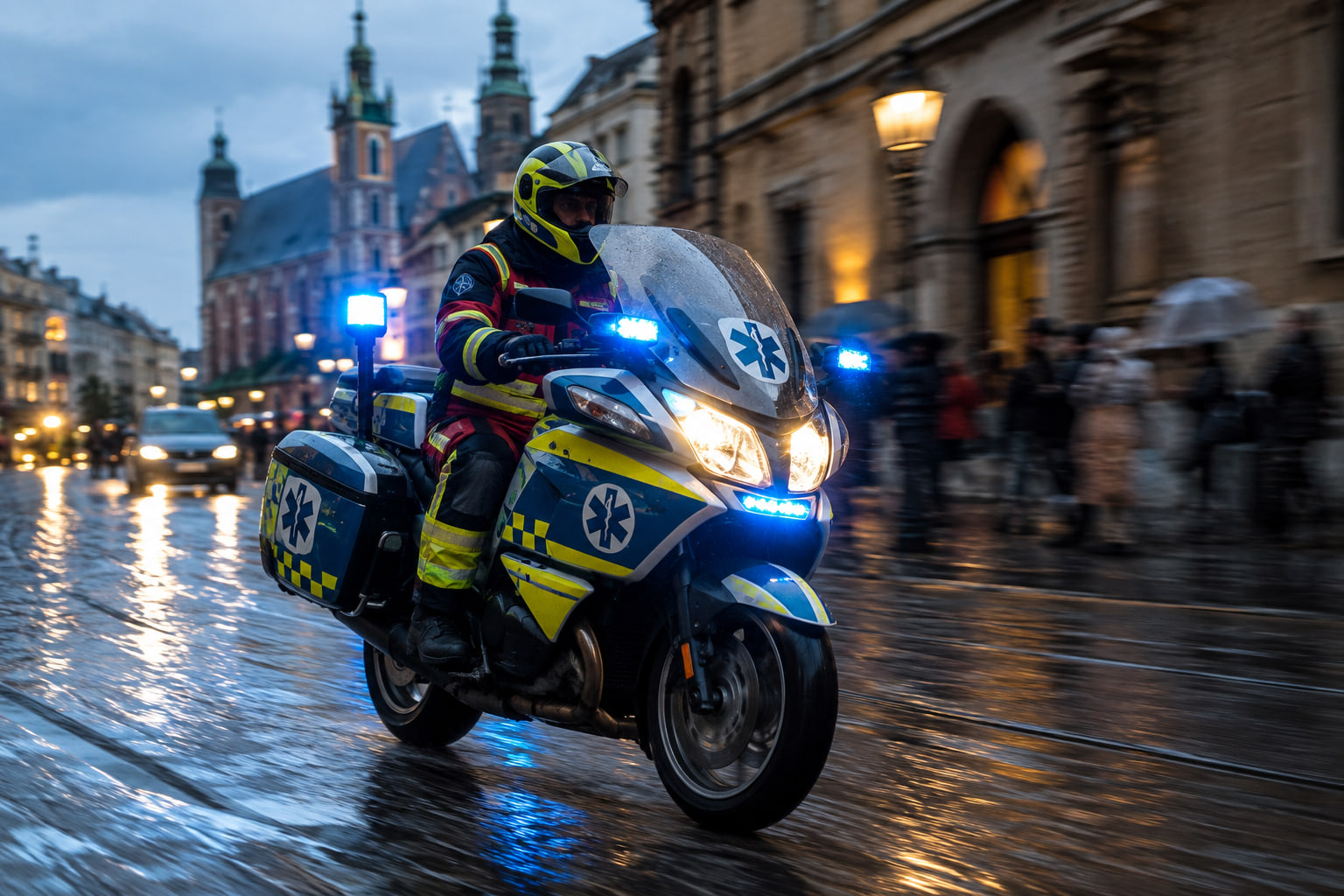 Ratownik R2 na motocyklowej karetce na ulicy Krakowa
